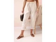 Dámské lněné kalhoty s&nbsp;bavlnou a&nbsp;páskem béžové 1