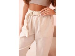 Dámské lněné kalhoty s&nbsp;bavlnou a&nbsp;páskem béžové 3