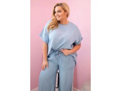 Dámská souprava Plus Size z&nbsp;tencelu halenka a&nbsp;kalhoty s&nbsp;vázáním světle džínový 3