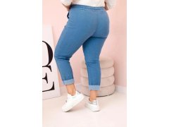 Dámské bavlněné kalhoty Plus Size s&nbsp;elastickým pasem a&nbsp;zavazováním světlý denim 1