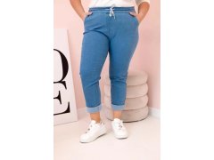 Dámské bavlněné kalhoty Plus Size s&nbsp;elastickým pasem a&nbsp;zavazováním světlý denim 2