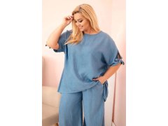 Dámská souprava Plus Size z&nbsp;tencelu, halenka s&nbsp;vázáním a&nbsp;široké kalhoty džínový 2