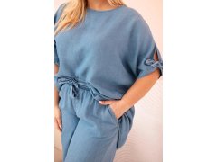 Dámská souprava Plus Size z&nbsp;tencelu, halenka s&nbsp;vázáním a&nbsp;široké kalhoty džínový 3