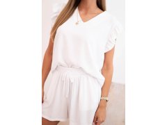 Dámský komplet z&nbsp;viskózy, blůza s&nbsp;volánky a&nbsp;krátké šortky bílý 3