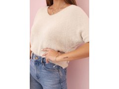 Dámský svetr z&nbsp;měkkého chlupu s&nbsp;výstřihem do V krátkým rukávem béžový 1