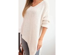 Dámský asymetrický svetr z vlny Plus Size s V výstřihem světlá béžová 3