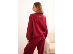 Dámský bavlněný komplet se širokými nohavicemi a&nbsp;mikinou na zip bordový 2