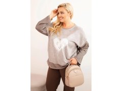 Dámská mikina Plus Size bavlněná s potiskem srdce a tkaničkami hnědá 1
