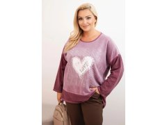 Dámská mikina Plus Size bavlněná s potiskem srdce a šňůrkami tmavě růžová 1