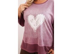 Dámská mikina Plus Size bavlněná s potiskem srdce a šňůrkami tmavě růžová 3