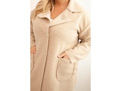 Dámský kabát Plus Size beránek s vlnou a kapsami béžový 3