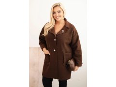 Dámský kabát Plus Size beránek s vlnou a kapsami hnědý 1