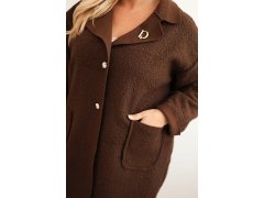 Dámský kabát Plus Size beránek s vlnou a kapsami hnědý 3