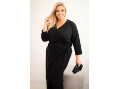 Dámský bavlněný overal Plus Size s vázáním v pase a 3/4 rukávem černý 2