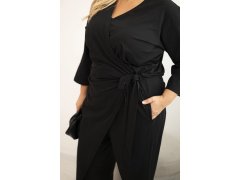 Dámský bavlněný overal Plus Size s vázáním v pase a 3/4 rukávem černý 3