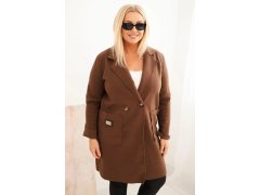 Dámský elegantní kabát Plus Size s límcem a velkými kapsami čokoládový 1