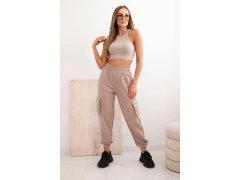 Dámské bavlněné cargo kalhoty s kapsami a řetízkem béžové 1