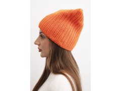Dámská zimní čepice s vlnou v kočičím střihu z žebrované pleteniny K419 oranžová 1