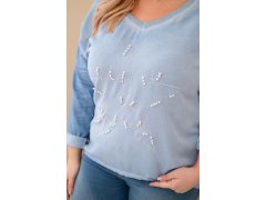 Dámská blůza Plus Size s nápisem a perličkami v modré barvě jeansová 3