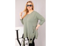Dámská bavlněná blůza Plus Size s&nbsp;asymetrickým spodním lemem a&nbsp;výřezy khaki 1