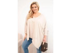 Dámská bavlněná blůza Plus Size s asymetrickým spodním lemem a V výstřihem béžová 1