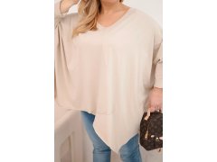 Dámská bavlněná blůza Plus Size s asymetrickým spodním lemem a V výstřihem béžová 3