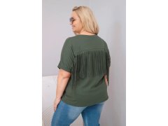Dámská bavlněná halenka Plus Size s výstřihem do V a třásněmi na zádech khaki 2