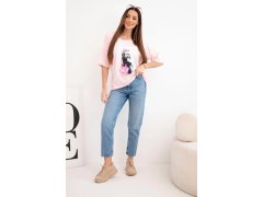 Dámská bavlněná oversize halenka s krátkým rukávem a módním potiskem pudrově růžová 1
