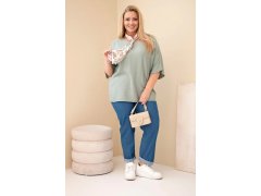 Dámská viskózová halenka Plus Size s krátkým rukávem a ozdobným šátkem khaki 1