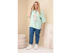 Dámská viskózová halenka Plus Size s krátkým rukávem a ozdobným šátkem tmavě mentolová 1