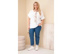Dámská viskózová halenka Plus Size s krátkým rukávem a ozdobným šátkem bílá 1