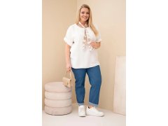 Dámská viskózová halenka Plus Size s krátkým rukávem a ozdobným šátkem béžová 1