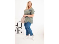 Dámská bavlněná halenka Plus Size s&nbsp;krátkým rukávem a&nbsp;kapsou khaki 1