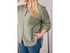 Dámská bavlněná košile ve velikosti Plus Size s&nbsp;límečkem a&nbsp;krajkovou vsadkou khaki 3