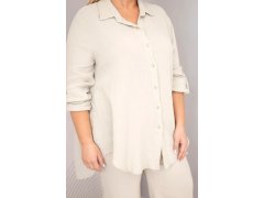 Dámský mušelínový komplet Plus Size s košilí zapínanou na knoflíky a s kalhotami s širokou nohavicí béžový 3