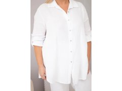Dámský mušelínový komplet Plus Size s&nbsp;košilí zapínanou na knoflíky a&nbsp;kalhotami se širokými nohavicemi bílý 3