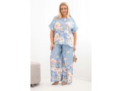 Dámský komplet Plus Size s halenkou a kalhotami s květinovým vzorem a širokými nohavicemi modrý 1