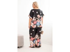 Dámský komplet Plus Size s halenkou a kalhotami s květinovým vzorem a širokými nohavicemi černý 2