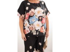 Dámský komplet Plus Size s halenkou a kalhotami s květinovým vzorem a širokými nohavicemi černý 3