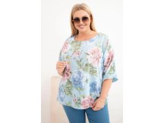 Dámská bavlněná halenka Plus Size s krátkým rukávem a květinovým vzorem modrá 1