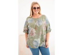 Dámská bavlněná halenka Plus Size s krátkým rukávem a květinovým vzorem khaki 1