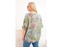 Dámská bavlněná halenka Plus Size s krátkým rukávem a květinovým vzorem khaki 2