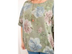Dámská bavlněná halenka Plus Size s krátkým rukávem a květinovým vzorem khaki 3
