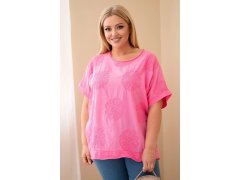 Dámská bavlněná halenka Plus size s vyšívanými květy růžová 1