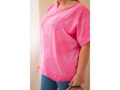 Dámská bavlněná halenka Plus size s vyšívanými květy růžová 3