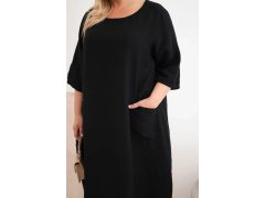 Dámské šaty Plus Size viskózové s kapsami krátký rukáv černá 3