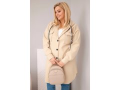 Dámský kabát Plus Size s kapucí zapínaný na knoflíky tmavě béžový 1