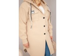 Dámský kabát Plus Size s kapucí zapínaný na knoflíky tmavě béžový 3