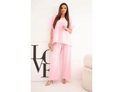 Dámský komplet Plus Size halenka a kalhoty se širokou nohavicí bonbónově růžová 1