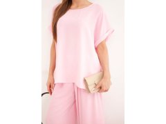 Dámský komplet Plus Size halenka a kalhoty se širokou nohavicí bonbónově růžová 3